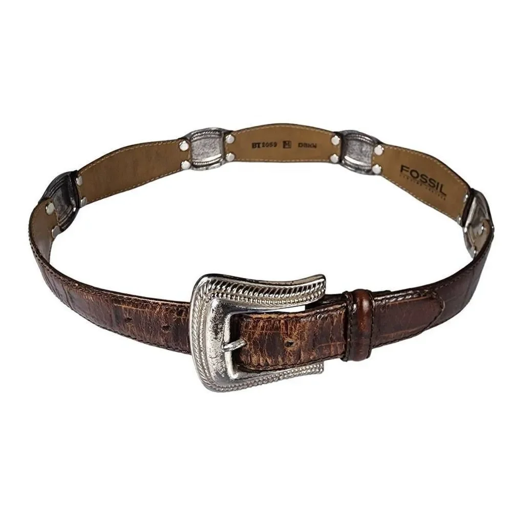 VINTAGE Fossil Etched Silver Hardware Tan Leather Belt M